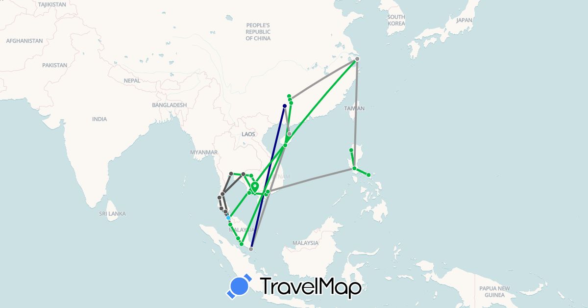TravelMap itinerary: driving, bus, plane, hiking, boat, motorbike in China, Cambodia, Malaysia, Philippines, Singapore, Thailand, Vietnam (Asia)