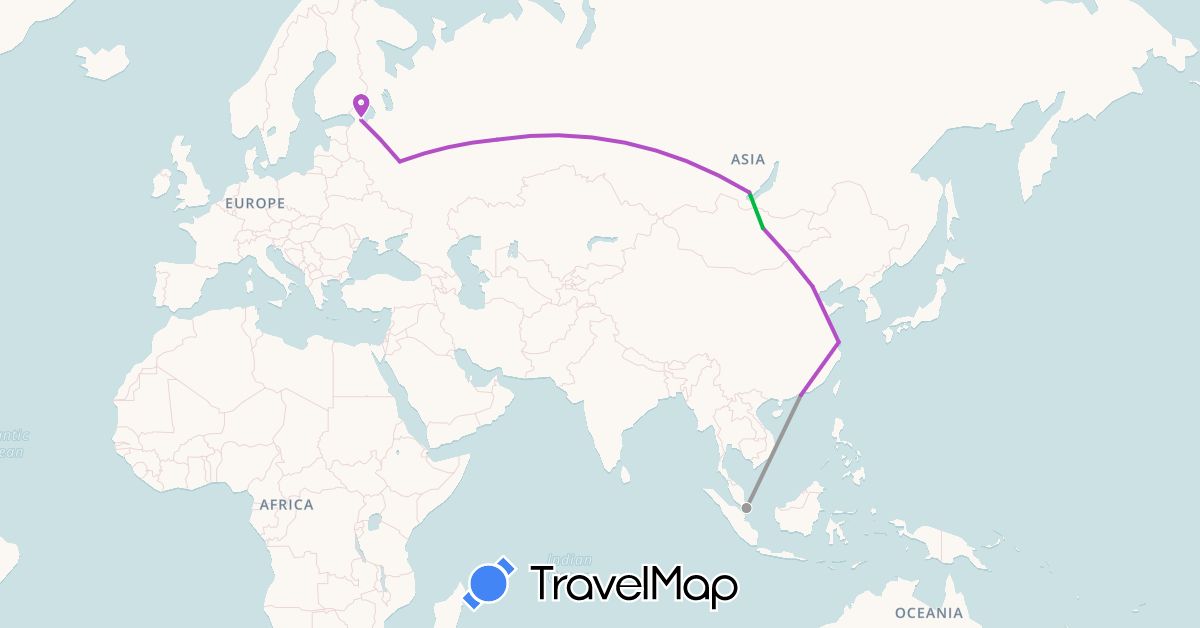 TravelMap itinerary: driving, bus, plane, train in China, Russia, Singapore (Asia, Europe)